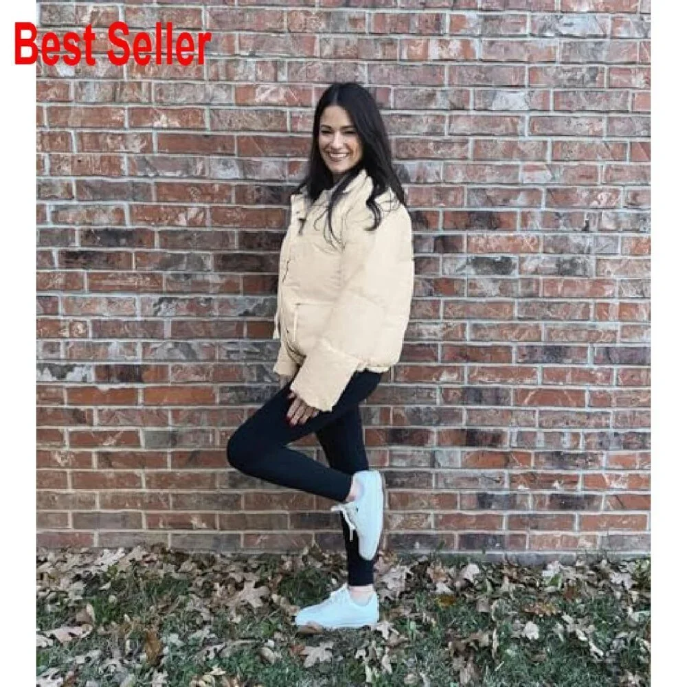 Cropped Puffer Jacket Stand Collar Winter Warm Quilted Lightweight Cozy